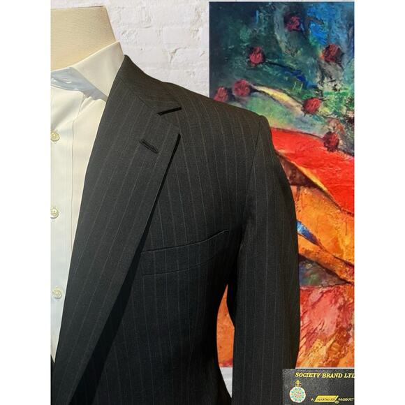 Vtg Society Brand by Hartmarx 44R Gray with Blue Red Chalk Stripe Blazer Jacket - Picture 5 of 16